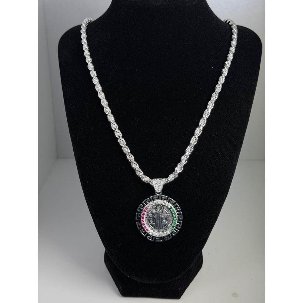 925 Sterling Silver Saint Benedict Pendant Rope Chain Necklace 24" Italy